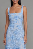Blue Floral Square Neck A Line Midi Wedding Guest Dress