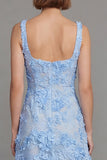 Blue Floral Square Neck A Line Midi Wedding Guest Dress