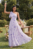 One Shoulder Lilac Cut Out Floral A Line Wedding Guest Dress with Slit