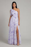 One Shoulder Lilac Cut Out Floral A Line Wedding Guest Dress with Slit