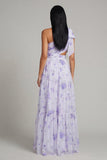 One Shoulder Lilac Cut Out Floral A Line Wedding Guest Dress with Slit