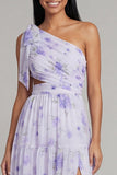One Shoulder Lilac Cut Out Floral A Line Wedding Guest Dress with Slit
