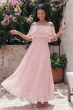 Ruffled Pleated Pink A Line Off The Shoulder Midi Wedding Guest Dress