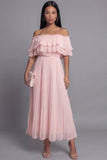 Ruffled Pleated Pink A Line Off The Shoulder Midi Wedding Guest Dress