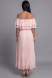 Ruffled Pleated Pink A Line Off The Shoulder Midi Wedding Guest Dress