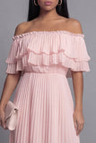 Ruffled Pleated Pink A Line Off The Shoulder Midi Wedding Guest Dress