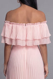 Ruffled Pleated Pink A Line Off The Shoulder Midi Wedding Guest Dress