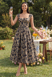 Floral Black Square Neck A Line Wedding Guest Dress