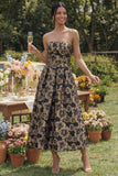 Black A Line Floral Strapless Midi Wedding Guest Dress
