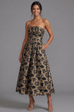Black A Line Floral Strapless Midi Wedding Guest Dress