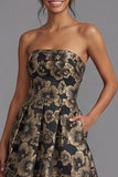 Black A Line Floral Strapless Midi Wedding Guest Dress