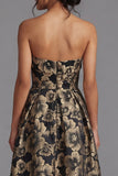 Black A Line Floral Strapless Midi Wedding Guest Dress
