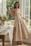 Black A Line Floral Strapless Midi Wedding Guest Dress