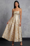 Black A Line Floral Strapless Midi Wedding Guest Dress