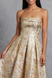 Black A Line Floral Strapless Midi Wedding Guest Dress