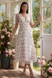 White Pink Flower V-Neck A Line Wedding Guest Dress with Short Sleeves