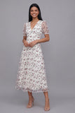 White Pink Flower V-Neck A Line Wedding Guest Dress with Short Sleeves