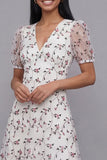 White Pink Flower V-Neck A Line Wedding Guest Dress with Short Sleeves