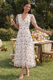 White Pink Flower V-Neck A Line Wedding Guest Dress with Short Sleeves