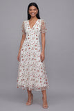 White Pink Flower V-Neck A Line Wedding Guest Dress with Short Sleeves
