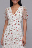 White Pink Flower V-Neck A Line Wedding Guest Dress with Short Sleeves