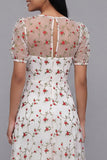 White Pink Flower V-Neck A Line Wedding Guest Dress with Short Sleeves