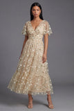 Champagne V-Neck A Line Floral Wedding Guest Dress with Short Sleeves