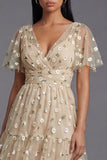 Champagne V-Neck A Line Floral Wedding Guest Dress with Short Sleeves