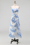White Blue Flower Corset Spaghetti Straps A Line Wedding Guest Dress with Slit