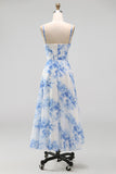 White Blue Flower Corset Spaghetti Straps A Line Wedding Guest Dress with Slit