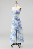 White Blue Flower Corset Spaghetti Straps A Line Wedding Guest Dress with Slit