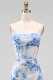 White Blue Flower Corset Spaghetti Straps A Line Wedding Guest Dress with Slit