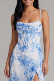 White Blue Flower Corset Spaghetti Straps A Line Wedding Guest Dress with Slit