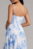 White Blue Flower Corset Spaghetti Straps A Line Wedding Guest Dress with Slit