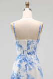 White Blue Flower Corset Spaghetti Straps A Line Wedding Guest Dress with Slit