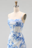 White Blue Flower Corset Spaghetti Straps A Line Wedding Guest Dress with Slit