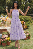 Lilac Floral A Line Halter Midi Wedding Guest Dress