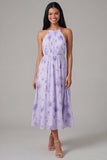 Lilac Floral A Line Halter Midi Wedding Guest Dress
