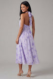 Lilac Floral A Line Halter Midi Wedding Guest Dress