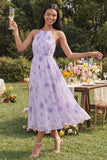 Lilac Floral A Line Halter Midi Wedding Guest Dress