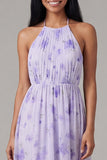 Lilac Floral A Line Halter Midi Wedding Guest Dress