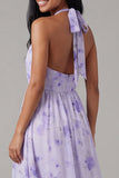 Lilac Floral A Line Halter Midi Wedding Guest Dress