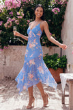 Blue Floral Spaghetti Straps A Line Wedding Guest Dress