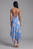 Blue Floral Spaghetti Straps A Line Wedding Guest Dress