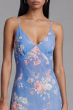 Blue Floral Spaghetti Straps A Line Wedding Guest Dress