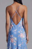 Blue Floral Spaghetti Straps A Line Wedding Guest Dress