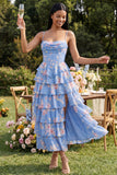 Ruffled Blue Spaghetti Straps Corset A Line Floral Wedding Guest Dress with Slit