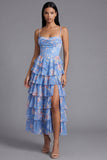 Ruffled Blue Spaghetti Straps Corset A Line Floral Wedding Guest Dress with Slit