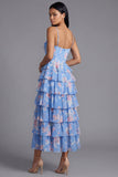 Ruffled Blue Spaghetti Straps Corset A Line Floral Wedding Guest Dress with Slit