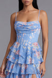 Ruffled Blue Spaghetti Straps Corset A Line Floral Wedding Guest Dress with Slit